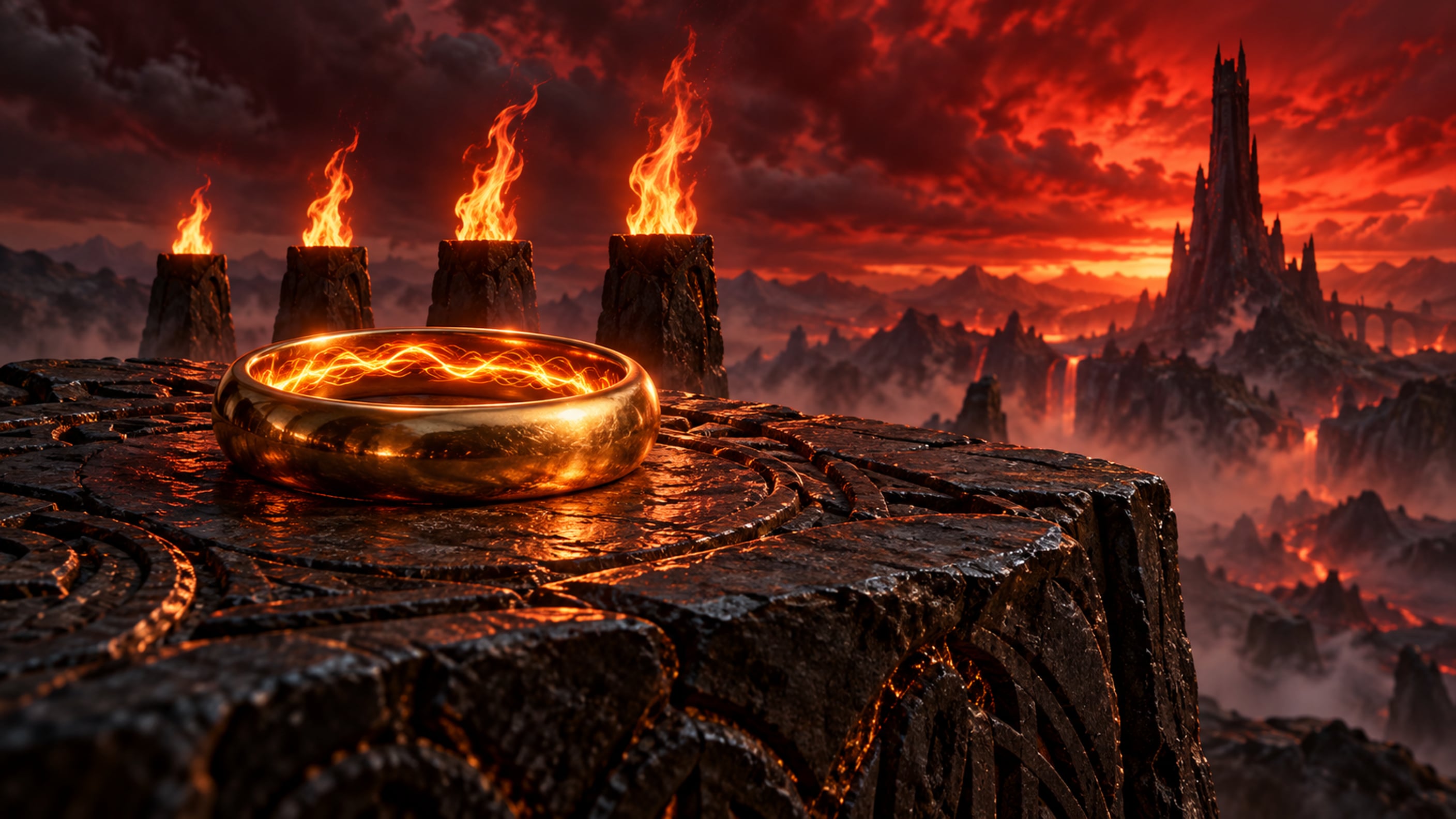 A gold ring glowing on a stone altar with four rising flames and a distant shadowy tower